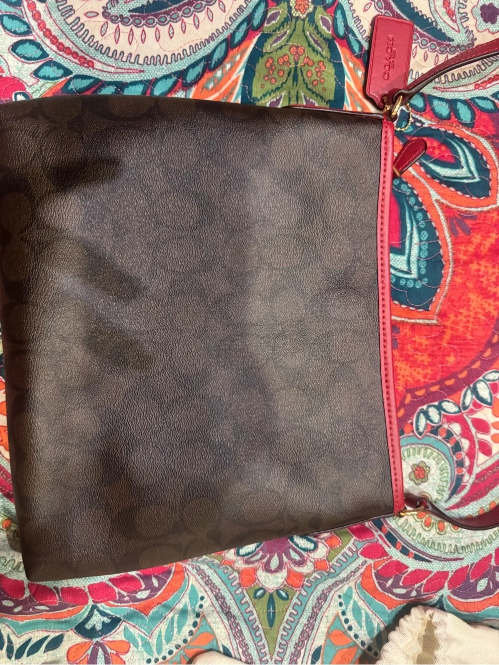 Coach Brown Signature Crossbody Bag with Burgundy Trim